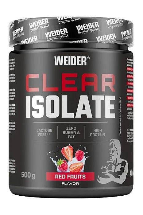 Weider Clear Isolate 500g in Red Fruits flavor, lactose-free, high protein, zero sugar and fat, refreshing protein drink.