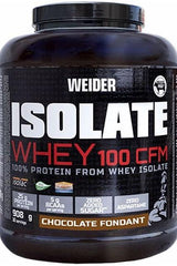 Weider Isolate Whey 100 CFM protein powder container, featuring chocolate flavor and high protein content.