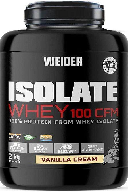 Weider Isolate Whey 100 CFM protein powder in vanilla cream flavor, 2 kg container, sugar-free and grass-fed.