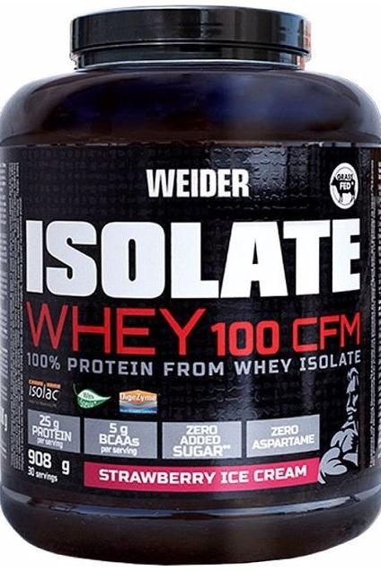 Weider Isolate Whey 100 CFM protein powder, strawberry ice cream flavor, 100% whey isolate, high protein content.
