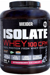 Weider Isolate Whey 100 CFM protein powder, strawberry ice cream flavor, 100% whey isolate, high protein content.