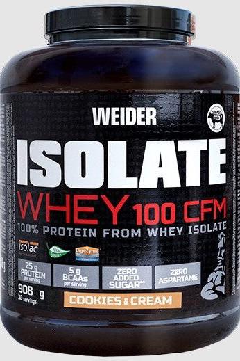 Weider Isolate Whey 100 CFM protein powder in Cookies & Cream flavor, features 100% whey isolate, zero sugar.