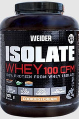 Weider Isolate Whey 100 CFM protein powder in Cookies & Cream flavor, features 100% whey isolate, zero sugar.