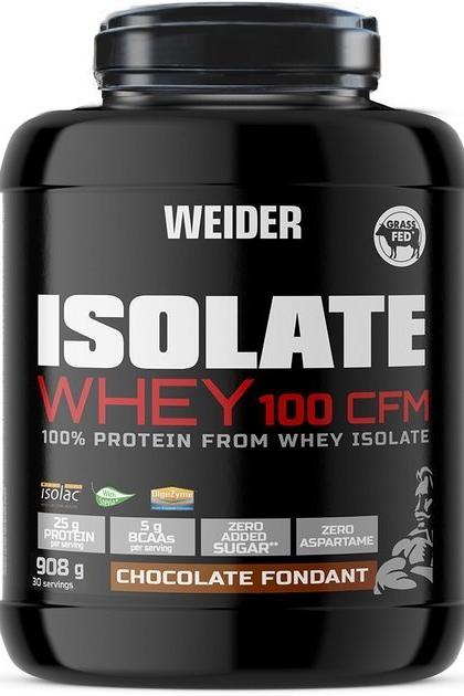 Weider Isolate Whey 100 CFM protein powder, 908g, chocolate flavor, grass-fed, zero sugar, high BCAA content.