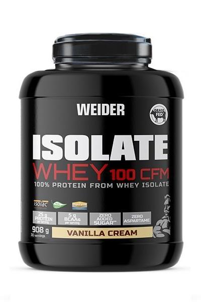 Weider Isolate Whey 100 CFM protein powder, Vanilla Cream flavor, 100% Whey Isolate, 908g container.