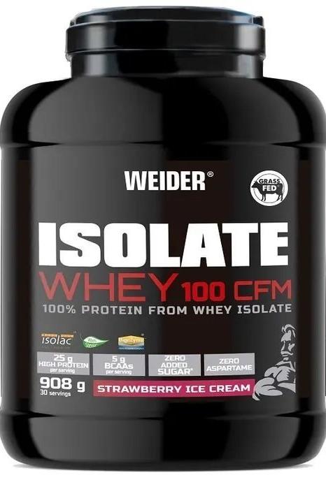 Weider Isolate Whey 100 CFM protein powder container, strawberry ice cream flavor, 908g, high BCAA, grass-fed.