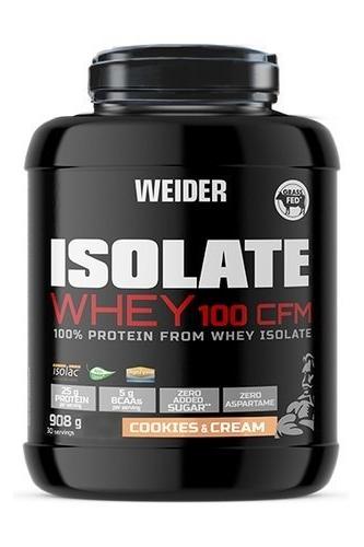 Weider Isolate Whey 100 CFM protein powder jar in Cookies & Cream flavor, high protein, zero sugar.