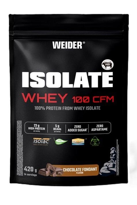 Weider Isolate Whey 100 CFM protein powder package in Chocolate Fondant flavor, 420g, high protein, low sugar.