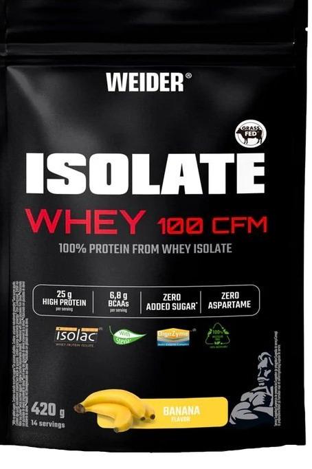 Weider Isolate Whey 100 CFM protein powder bag with banana flavor, high protein and zero added sugar.