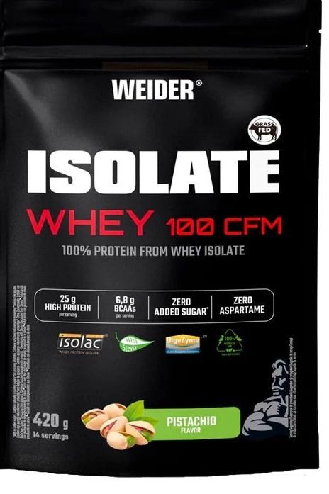 Weider Isolate Whey 100 CFM protein powder bag, pistachio flavor, 100% whey isolate, 25g protein per serving.