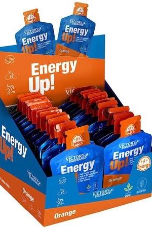 Weider Victory Endurance Energy Up! orange gel packs displayed in a retail box for athletes during high-intensity training.