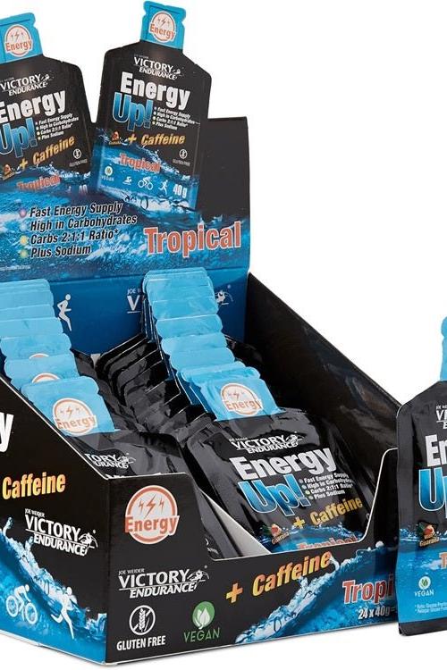 Weider Victory Endurance Energy Up! gel packs in tropical flavor, featuring caffeine for quick energy supply.