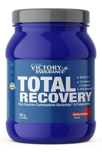 Weider Victory Endurance Total Recovery supplement jar in watermelon flavor for post-exercise recovery and muscle repair.