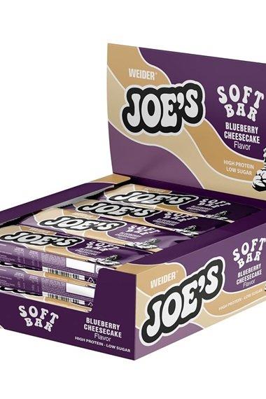 Weider Joe's Soft Bar display box featuring Blueberry Cheesecake flavor, high protein, low sugar snack.