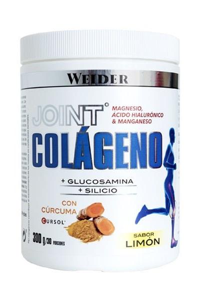 Weider Joint Collagen supplement with glucosamine and turmeric flavor in lemon, promoting joint health and mobility.
