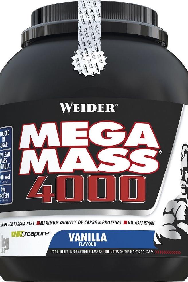 Weider Mega Mass 4000 protein supplement container, designed for effective mass gain, vanilla flavor.
