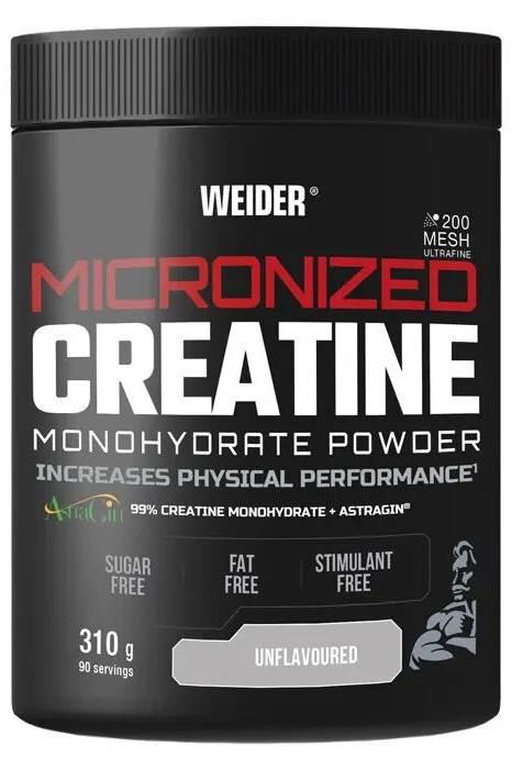 Weider Micronized Creatine powder, 310g container, designed for improved muscle growth and recovery, unflavoured.