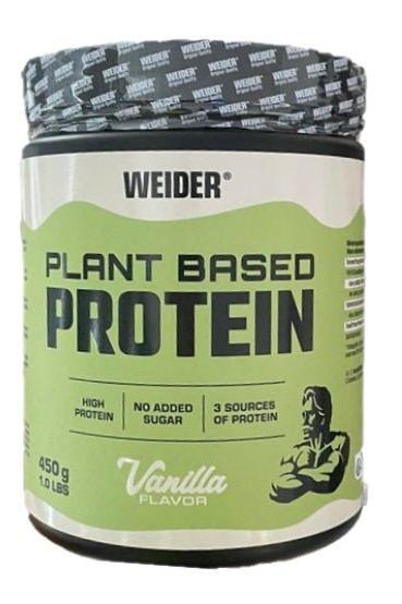 Weider Plant Based Protein powder in Vanilla flavor, high protein, no added sugar, 450g container.