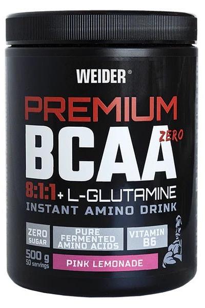 Weider Premium BCAA Zero 8:1:1 L-Glutamine amino drink, sugar-free, pink lemonade flavor, 500g container.