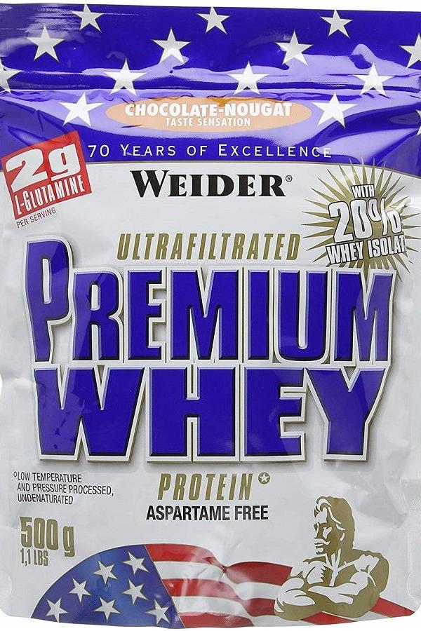 Weider Premium Whey protein powder bag featuring ultra-filtered chocolate-nougat flavor with 20% whey isolate.