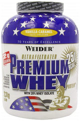 Weider Premium Whey protein powder tub with vanilla-caramel flavor and 20% whey isolate, 2.3 kg.