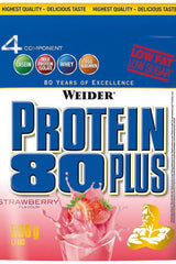 Weider Protein 80 Plus Strawberry flavor, 500g, 4-component protein blend, low fat and low sugar.