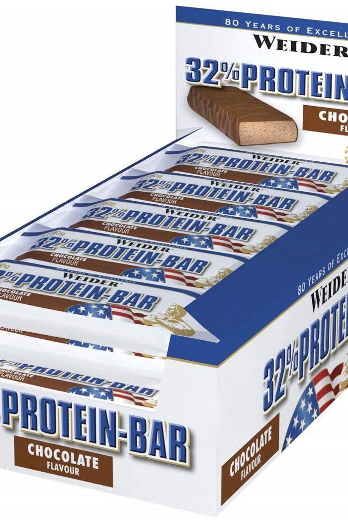 Weider Protein Bar box with chocolate flavor, providing high protein and nutrition for muscle recovery and healthy snacking.