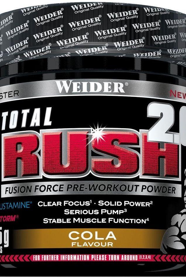 Weider Total Rush 2.0 pre-workout powder in cola flavor for enhanced energy and performance.