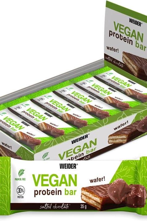 Weider Vegan Protein Bar box featuring salted chocolate flavor, perfect post-workout snack with high protein content.
