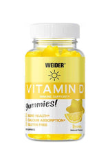 Weider Vitamin D Gummies in lemon flavor, 50 count, promoting immune support and bone health, gluten-free.