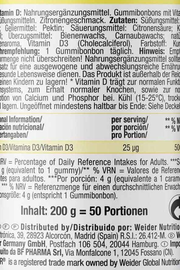 Label of Weider Vitamin D Gummies, detailing nutritional information and benefits, flavor, and ingredients.