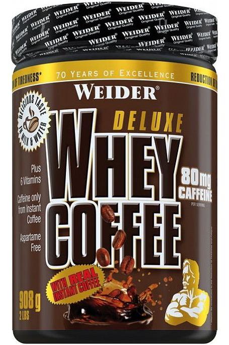 Weider Whey Coffee Deluxe 908g protein drink with real instant coffee, 80mg caffeine, and added vitamins.