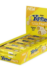 Weider Yippie! Bars display box with Banana Split flavor, showcasing high protein and low sugar snacks.