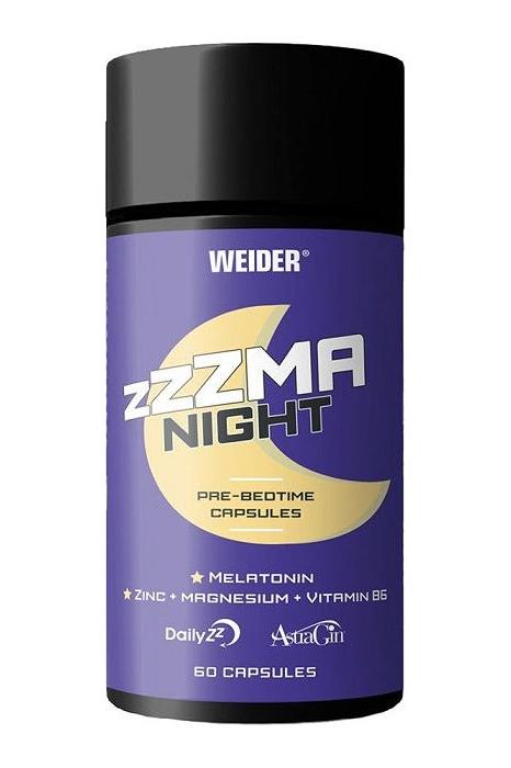 Weider ZMA Night pre-bedtime capsules for healthy sleep, featuring melatonin, zinc, magnesium, and vitamin B6.