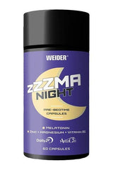 Weider ZMA Night pre-bedtime capsules for healthy sleep, featuring melatonin, zinc, magnesium, and vitamin B6.