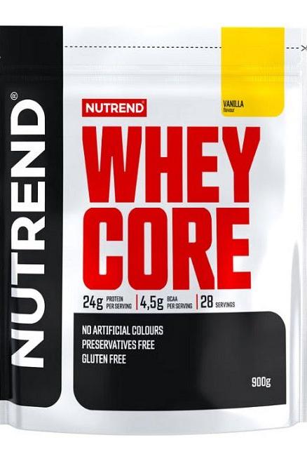 NUTREND Whey Core protein powder packaging in vanilla flavor, 24g protein per serving, gluten free, 900g.