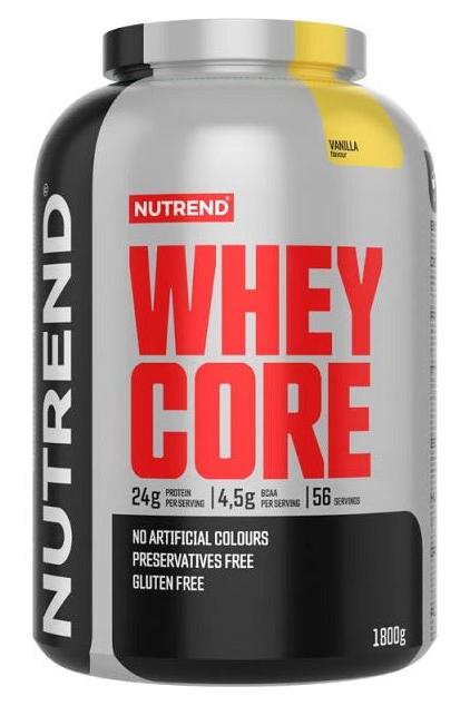 NUTREND Whey Core protein powder container, 1800g, vanilla flavor, gluten-free, no artificial colors.