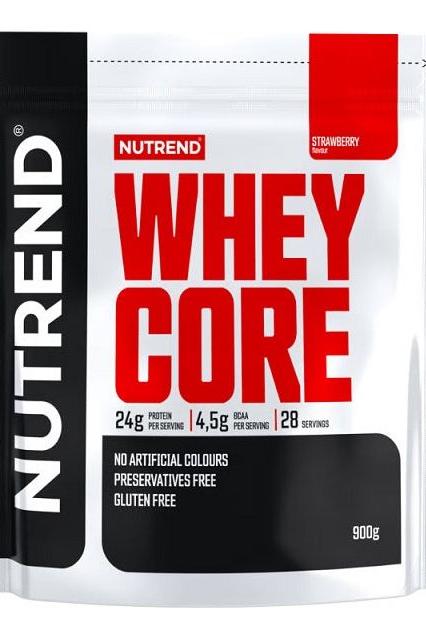 NUTREND Whey Core protein powder packaging, strawberry flavor, 24g protein per serving, gluten-free, 900g bag.