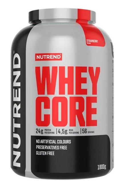 NUTREND Whey Core protein powder container, 1800g, strawberry flavor, gluten-free and preservative-free.