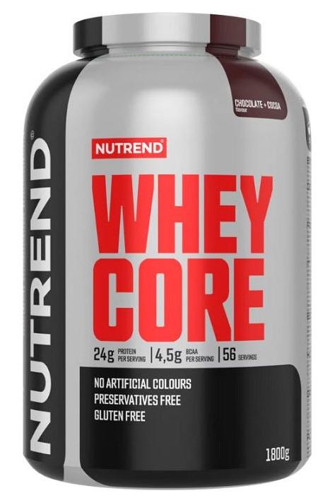 NUTREND Whey Core protein powder, 1800g, chocolate flavor, gluten-free, no preservatives, 24g protein per serving.
