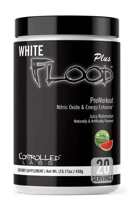Controlled Labs White Flood Plus PreWorkout supplement with watermelon flavor for energy and endurance.