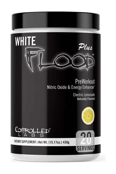 Controlled Labs White Flood Plus Preworkout Supplement in Electric Lemonade flavor, 20 servings.