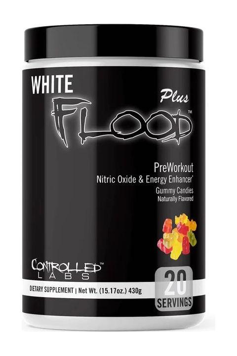 Controlled Labs White Flood Plus pre-workout supplement in a black container, featuring gummy candy flavor.