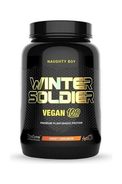 NaughtyBoy Winter Soldier VEGAN 100 plant-based protein packaging in Sweet Cinnamon flavor.