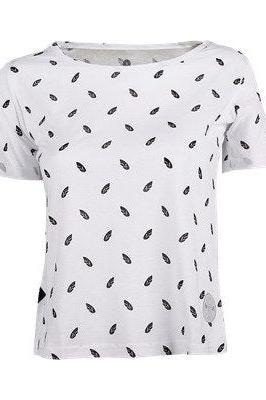 Women's white t-shirt with feather print, eco-friendly and hypoallergenic fabric.