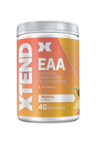 Xtend EAA essential amino acids supplement, tropical flavor, 40 servings, zero sugars.