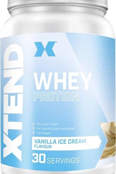 XTEND Whey Protein vanilla ice cream flavor, 30 servings, high-quality muscle support with 20g protein per serving.