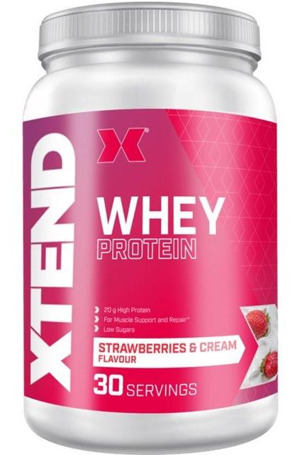Xtend Whey Protein container in Strawberries & Cream flavor, 20g protein for muscle support, 30 servings.