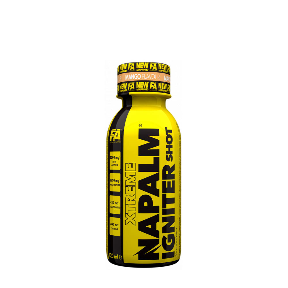 FA Xtreme Napalm Igniter Shot in mango flavor, a powerful energy booster for workouts, 120 ml bottle.