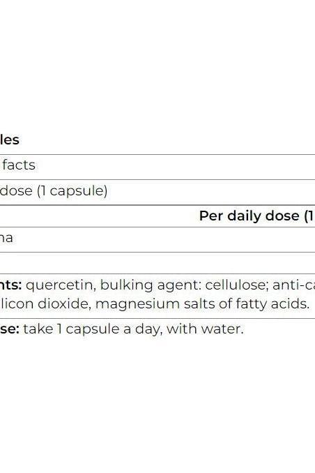 Supplement facts for Yamamoto Research Quercetina, detailing ingredients and daily dosage.